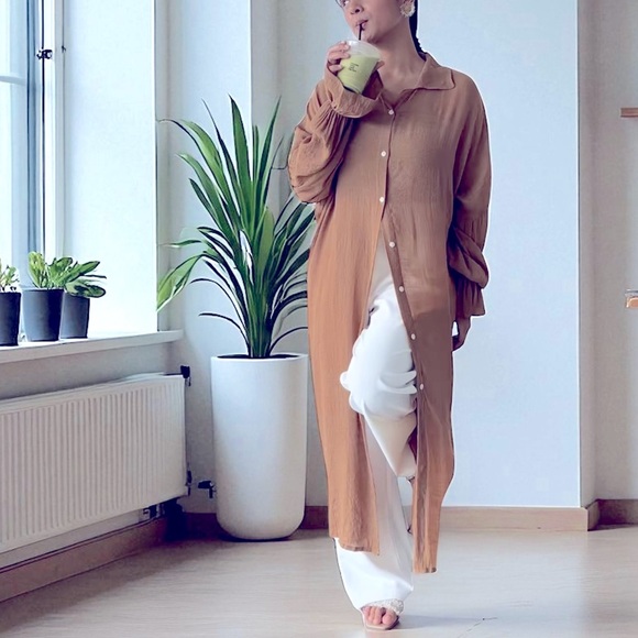 H&M Maxi Brown Shirt Dress Dovetail Sides Patch Pocket Front Button Small NWT - Picture 4 of 14